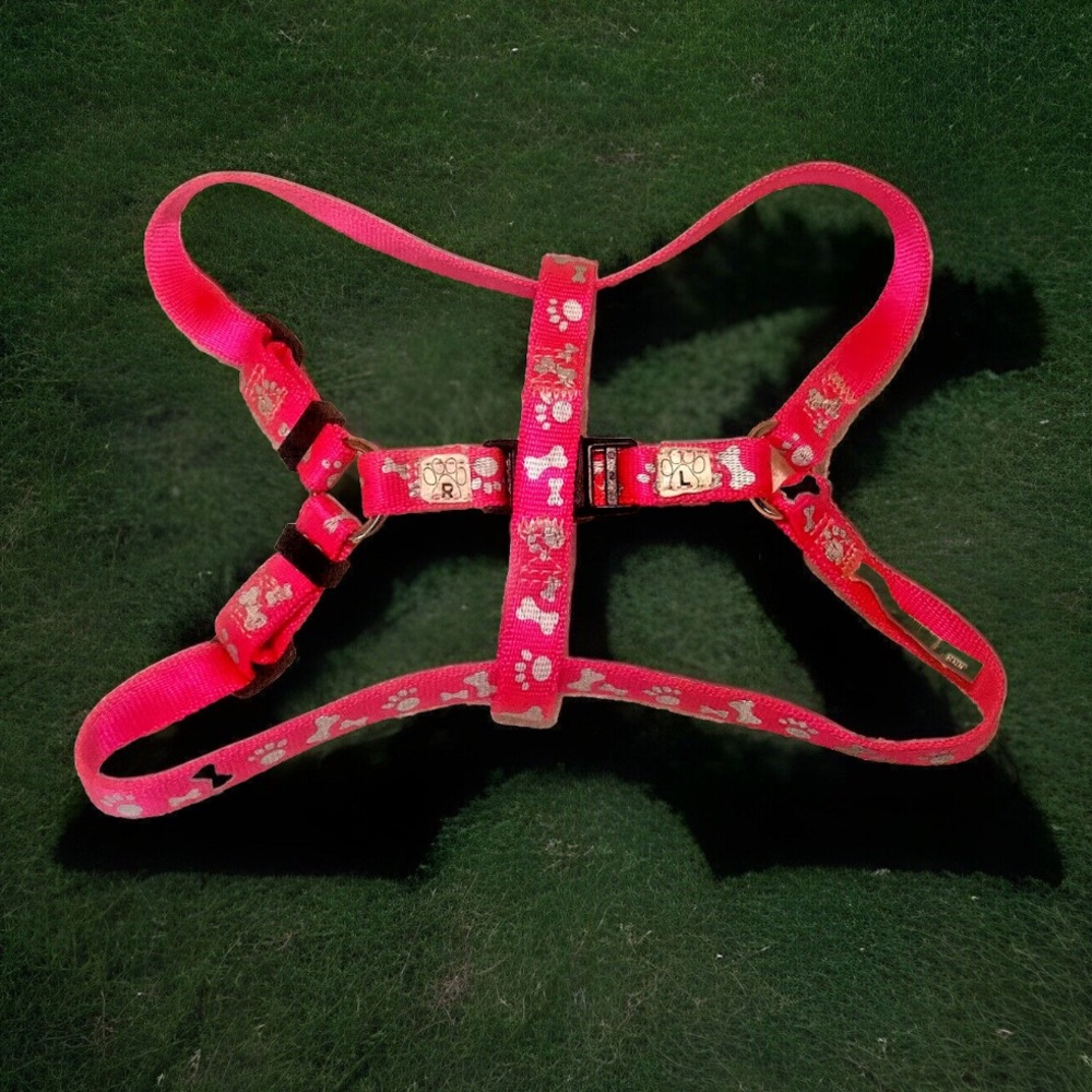 🦴🐾REFLECTIVE ADJUSTABLE NEON PAWS & BONES CLIP-IN HARNESS EUC🐾🦴